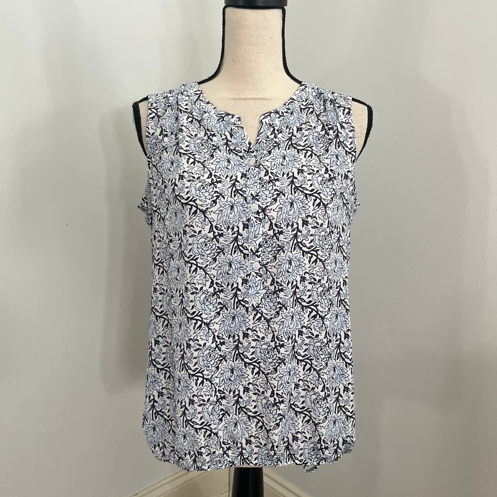 Floral Sleeveless Blouse sz XS Blue White Ruched Hem Henley Office Work Corpcore